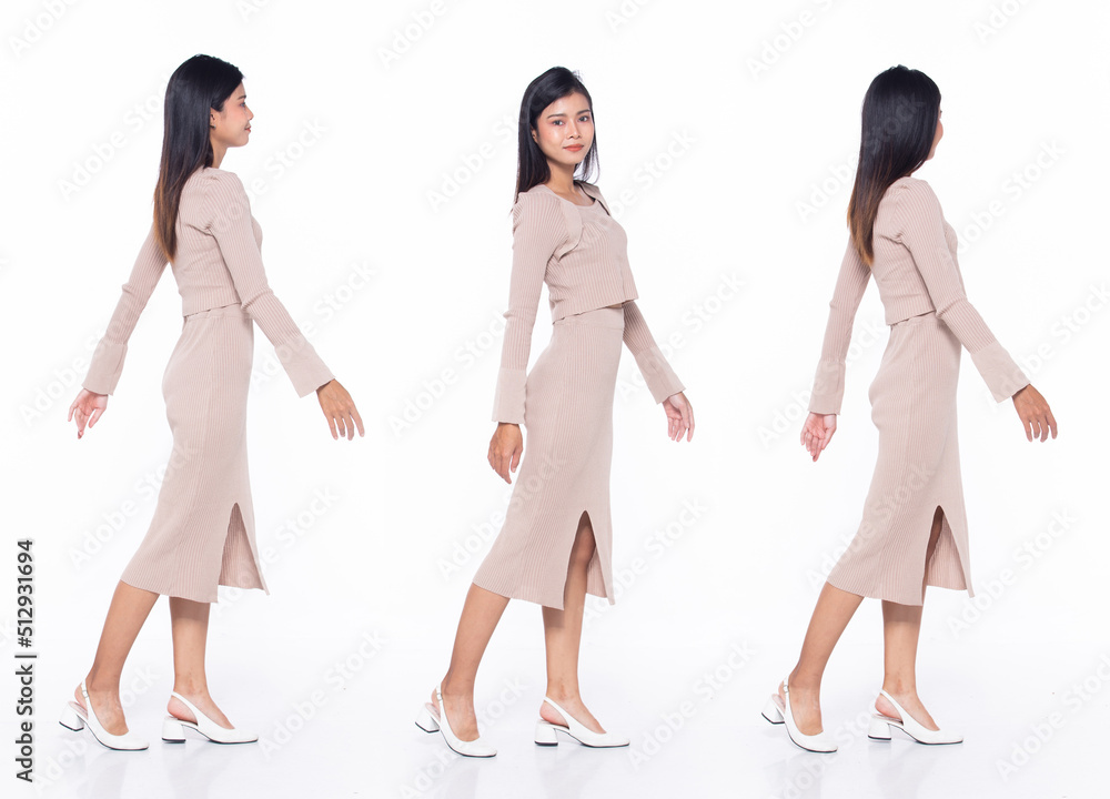 Full length 20s Asian Woman teacher business finance manager, walking forward left right Full length 20s Asian Woman teacher business finance manager, walking forward left right