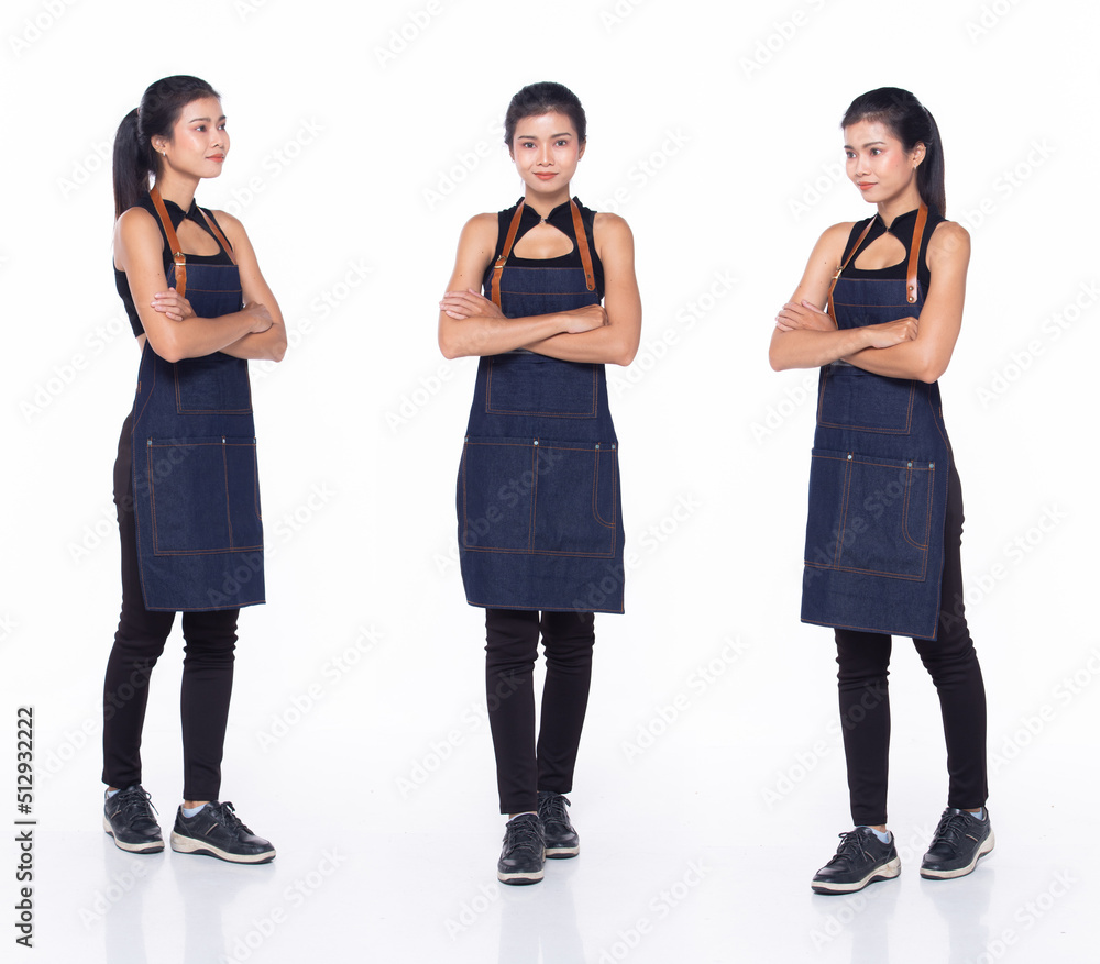 Full length 30s Asian Woman barista waitress menu, cross arms confident Full length 30s Asian Woman barista waitress menu, cross arms confident