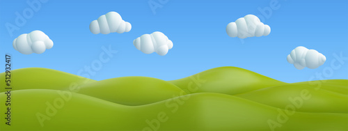 3d realistic cartoon green hills with white clouds on blue sky background. Summer landscape environment. Minimal nature cute composition. Vector illustration.