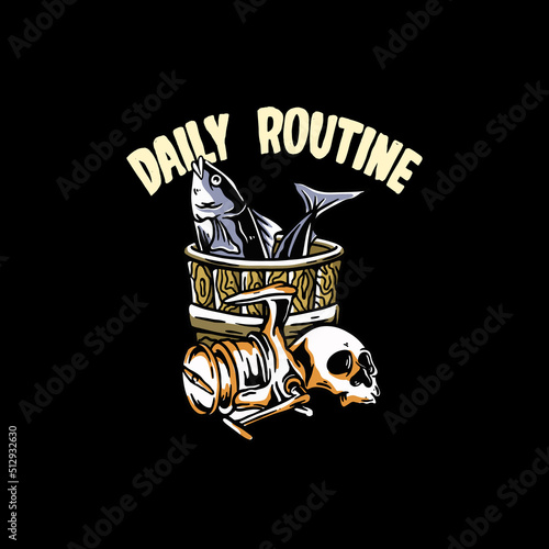 design tshirt, illustration skeleton fisher and reel fishing. illustration of getting fish and skeleton head
