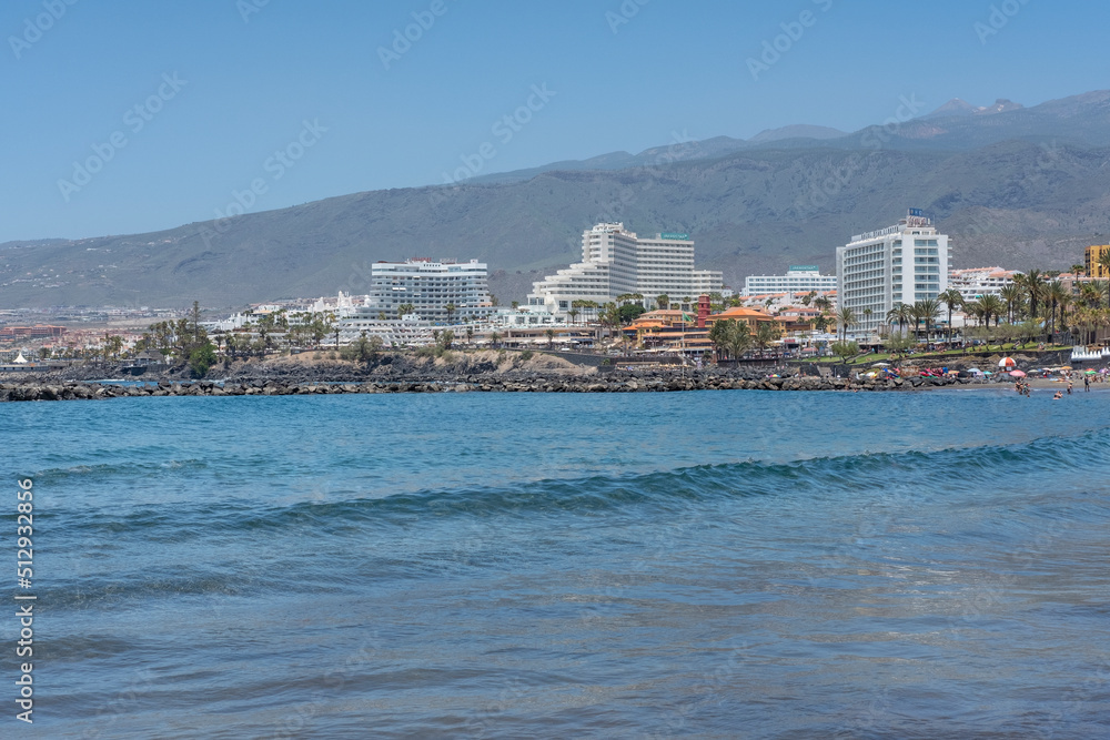 View of the several imposing seafront hotels lining up the 10 kilometers long promenade connecting the main southern resorts, Playa de Troya, Costa Adeje, Tenerife, Canary Islands, Spain
