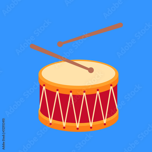 Drum with percussion sticks. Musical instrument, illustration, vector