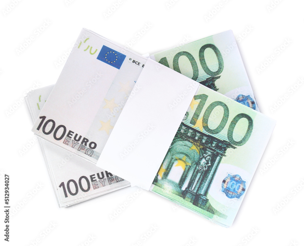 100 Euro banknotes on white background, top view. Money exchange 100 Euro banknotes on white background, top view. Money exchange
