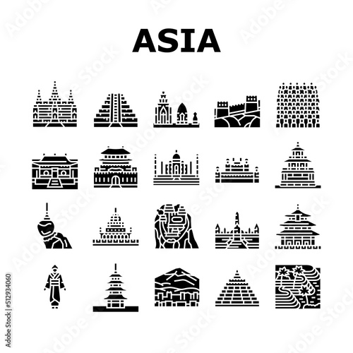 Asia Building And Land Scape Icons Set Vector. Asia Shaolin Monastery Pagoda, Borobudur Putrajaya Historical Building, Tegallang Rice Terraces Temple Of Heaven Glyph Pictograms Black Illustrations photo