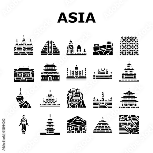 Asia Building And Land Scape Icons Set Vector. Asia Shaolin Monastery Pagoda, Borobudur Putrajaya Historical Building, Tegallang Rice Terraces Temple Of Heaven Glyph Pictograms Black Illustrations