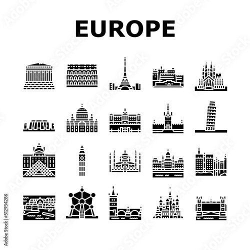 Europe Monument Construction Icons Set Vector. Eiffel Tower And Parthenon, Louvre Museum Saint Peter Basilica, Edinburgh Basil Cathedral Europe Famous Building Glyph Pictograms Black Illustrations
