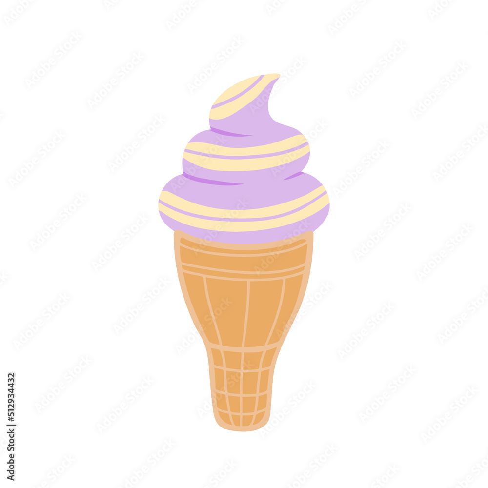 Ice cream on waffle cone. Summer, holiday. Vector Illustration for printing, backgrounds, covers, packaging, greeting cards, poster, sticker, textile and seasonal design. Isolated on white background. Ice cream on waffle cone. Summer, holiday. Vector Illustration for printing, backgrounds, covers, packaging, greeting cards, poster, sticker, textile and seasonal design. Isolated on white background.