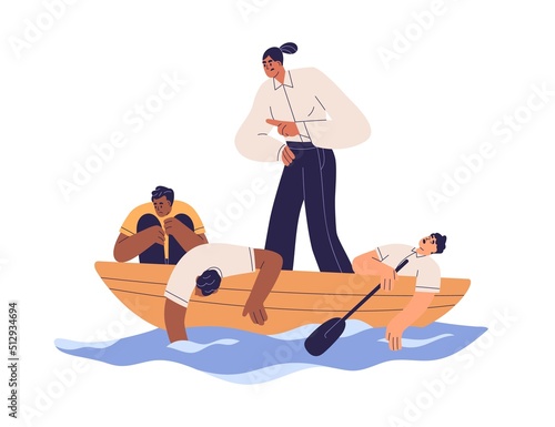 Angry boss hurrying tired exhausted employees. Overworked burnout unmotivated workers in business boat. Bad management, motivation concept. Flat vector illustration isolated on white background