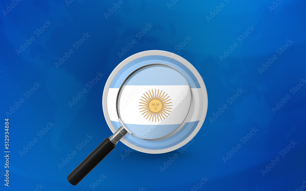 Argentinian Flag Badge Behind Magnifying Glass Against World Map Background