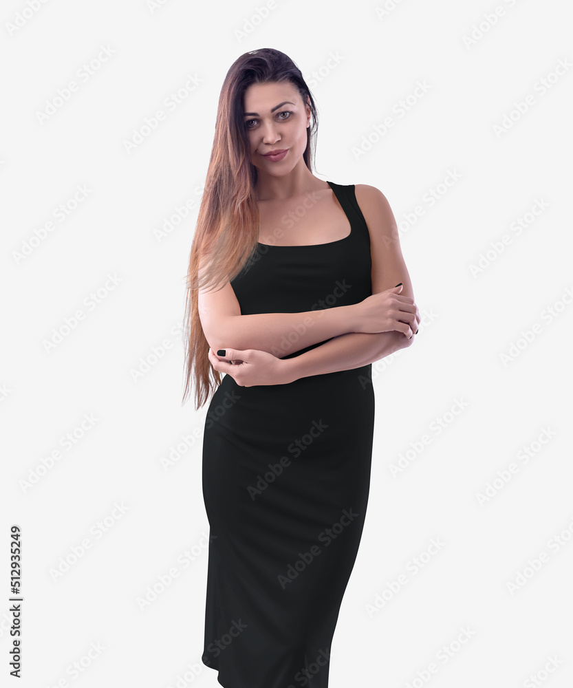 Template of a fashionable black dress of medium length on a girl, with folded arms, clothes isolated on background, front view. Template of a fashionable black dress of medium length on a girl, with folded arms, clothes isolated on background, front view.