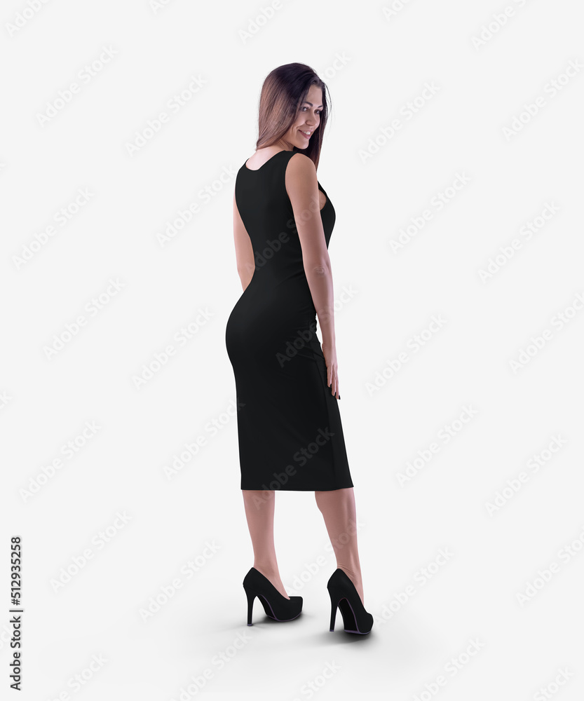 Mockup of a black business dress of medium length on a girl in heels, clothes isolated on background, back. Mockup of a black business dress of medium length on a girl in heels, clothes isolated on background, back.