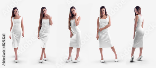 Foto Blank white tight dress mockup on slim girl isolated on background, set, front, back view