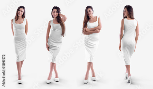 Mockup of an empty white tight knee-length dress, on a slim girl isolated on background, front, back. Set.