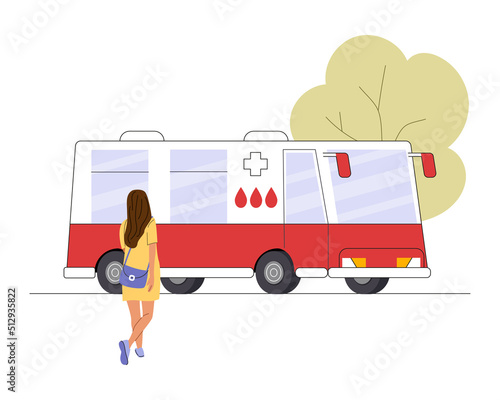 Young donor woman go to the mobile blood donation bus. Girl volunteer entering to medical center vehicle. Charity and relief work concept. Color flat vector illustration isolated on white background