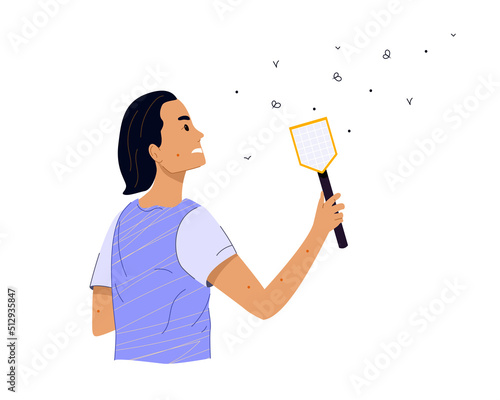Young angry woman with fly swatter brushes off mosquitoes. Unhappy girl with bites on her body kills insects. Color flat illustration isolated on white background