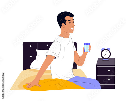 Young man drinking water from glass in the morning. Smiling guy siiting on bed in his room. Healthy lifestyle concept. Color flat vector illustration isolated on white background