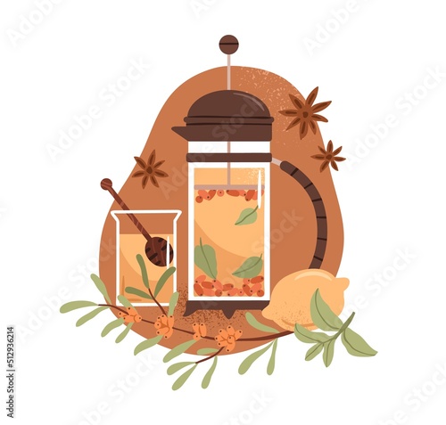 Herbal tea with herb leaf, lemon, sea buckthorn berries, anise brewed in teapot. Glass cup of healing aromatic hot drink with honey. Flat graphic vector illustration isolated on white background