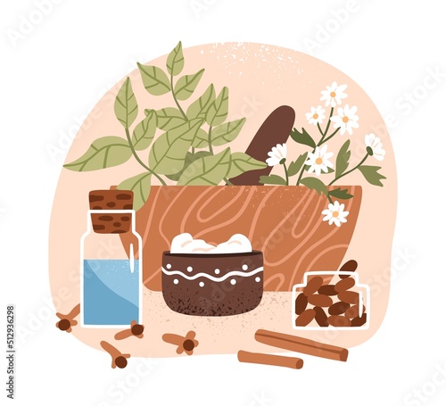 Aromatic herbal plants with healing leaf, flowers for homeopathy, naturopathy, alternative folk medicine. Organic natural remedies. Flat graphic vector illustration isolated on white background