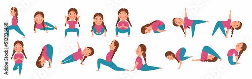 Set of poses for children s yoga. A girl with pigtails is doing yoga. Children perform various sports exercises. Vector illustration in a flat style.