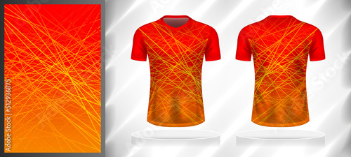Vector sport pattern design template for T-shirt front and back view mockup. Orange-red-yellow color gradient geometric dot line texture background illustration.