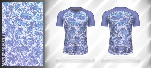 Vector sport pattern design template for T-shirt front and back view mockup. Purple-white-blue color gradient abstract grunge texture background illustration.