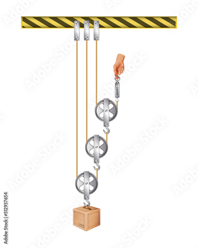Force increase by pulley blocks. Pulley system. Loaded movable pulleys. Mechanical Power. The laws of motion. Load versus effort. Cargo and force. Science experiments on force and motion with pulley.