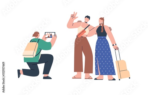 Tourists friends taking photo on summer vacations. Women couple posing for travel photograph. Girls travelers on summertime holiday, journey. Flat vector illustration isolated on white background
