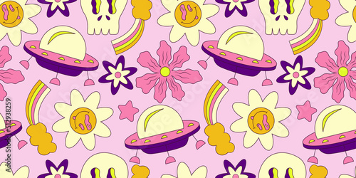 Trippy smile seamless pattern with ufo and rainbow. Psychedelic hippy groovy print. Good 60s, 70s, mood. Vector trippy crazy illustration. Smile face seamless pattern y2k style.