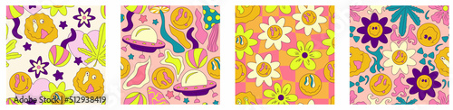 Trippy smile seamless pattern set with ufo, cannabis, daisy and rainbow. Psychedelic hippy groovy print. Good 60s, 70s, mood. Vector trippy crazy illustration. Smile face seamless pattern y2k style