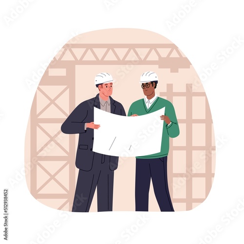 Inspection, control of business site concept. Architect, constructor engineer discuss blueprint. Builder worker and supervisor manager in helmets. Flat vector illustration isolated on white background