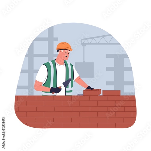 Builder worker laying brick wall of new house building at construction site. Bricklayer in helmet working with trowel. Constructor at work. Flat vector illustration isolated on white background