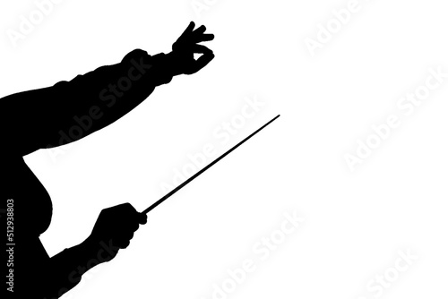 Silhouette of music conductor hands with stick on white background