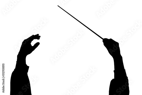 Silhouette of music conductor hands with stick on white background