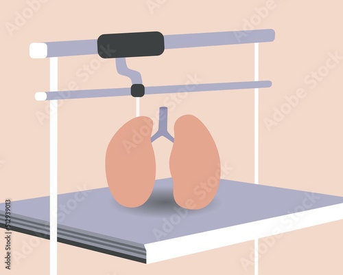 Anatomical lungs in 3D printer, flat vector stock illustration as concept of medical and healthcare technologies
