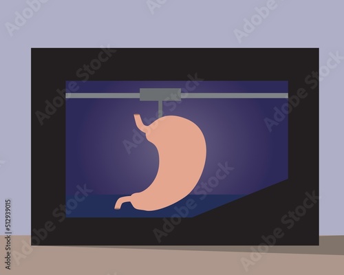 Organ stomach in 3D printer, flat vector stock illustration as concept of medical and health care technologies