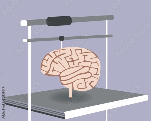 Brain organ in 3D printer, flat vector stock illustration as concept of medical and health care technologies