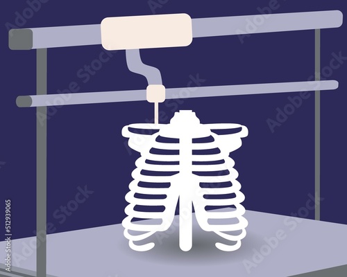Skeleton in 3D printer, flat vector stock illustration as concept of medical and healthcare technologies