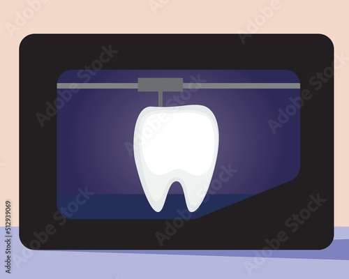 Tooth in 3D printer, flat vector stock illustration as concept of medical and health care technologies