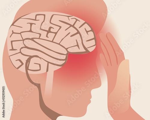 Head pain, anatomical vector stock illustration with person and migraine or stroke disease