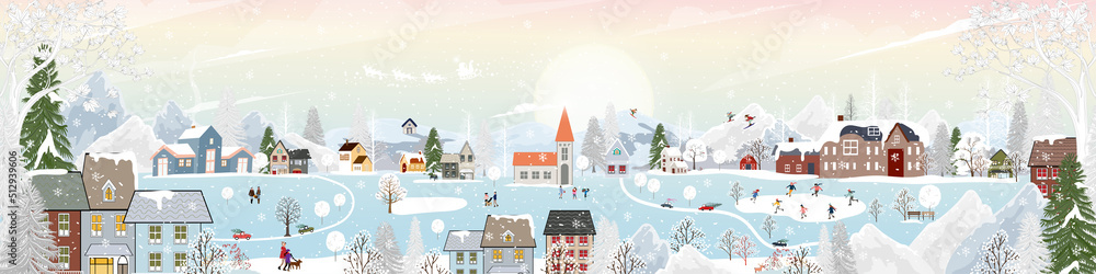 Winter wonderland landscape background at night,people having fun in the city on new year,Cut Vector Christmas Eve in village with people celebration,Kids doing outdoor activity and skiing on mountain