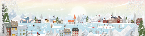 Winter wonderland landscape background at night,people having fun in the city on new year,Cut Vector Christmas Eve in village with people celebration,Kids doing outdoor activity and skiing on mountain