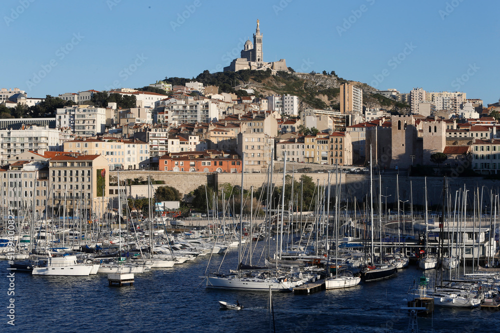 Marseille old harbour and Notre Dame de la Garde basilica. France. 12.06.2017