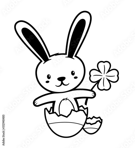 Vector black lines cute cartoon easter bunny with four leaf clover. Isolated on white background.