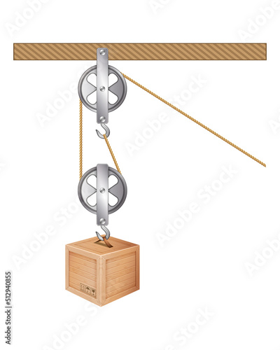 Fixed pulley system isolated on white background. Loaded Movable Pulleys. Physics experiment for education on force and motion with pulley illustration. The laws of motion. Simple Machines Pulleys.