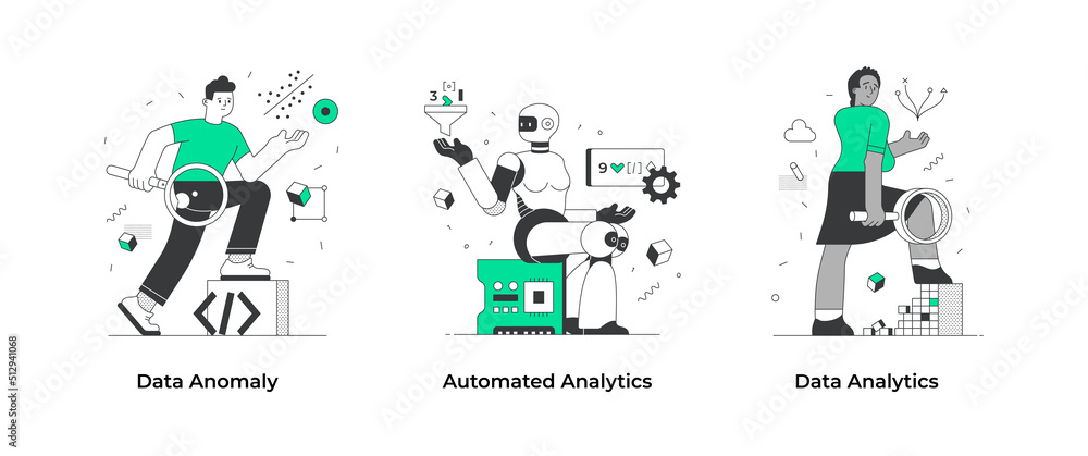 Business analytics. People and AI analyze data. Set of data science concepts. Concept scenes for visual storytelling