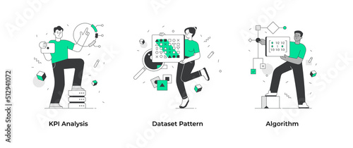 Algorithms, dataset and KPI analysis. People use algorithms to optimize workflow. Set of data science concepts. Concept scenes for visual storytelling