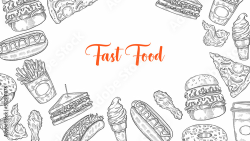 Fast Food set collection with hand drawn sketch for background banner template poster