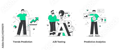 Predictive analytics. People make and test predictions. Trends , A-B testing and  analytics. Set of data science illustrations. Concept scenes for visual storytelling