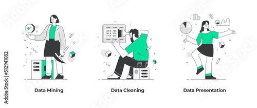 Data processing. People collect and translate data into usable information. Set of data science concepts. Concept scenes for visual storytelling