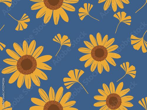 Seamless pattern with sunflower field and falling leaves. Retro color style vector.